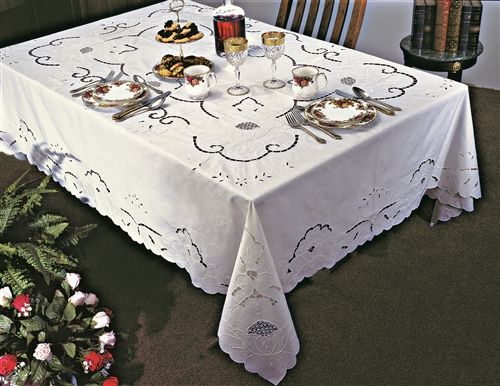 Violet Linen Sapphire Cutwork Embroidered Tablecloth — Ivory & White
