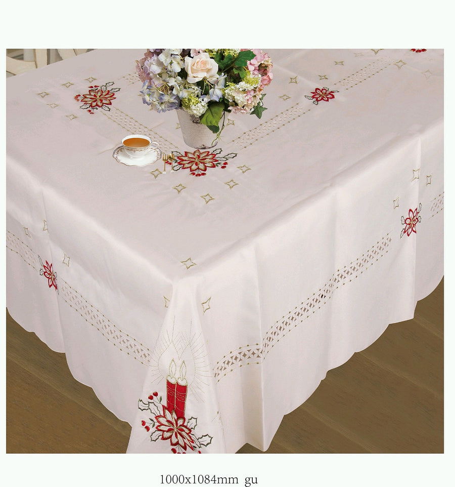 Violet Linen Christmas Candle Embroidered Cutwork Tablecloth — White & Red
