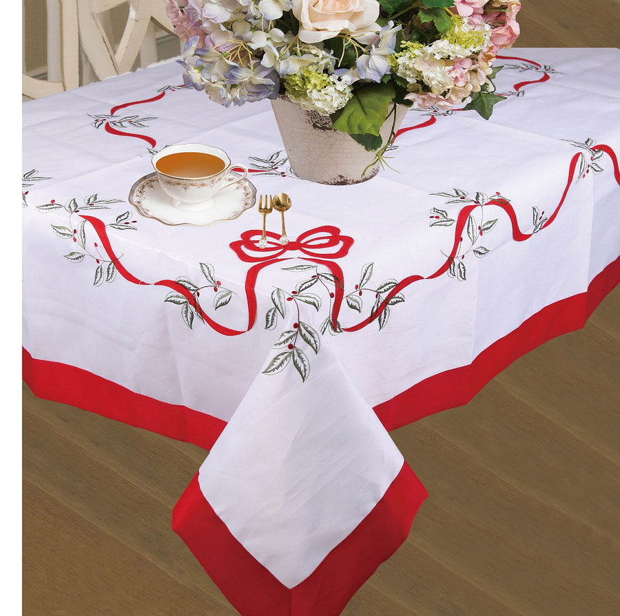 Violet Linen Christmas Ribbon & Holly Embroidered Tablecloth — White & Red