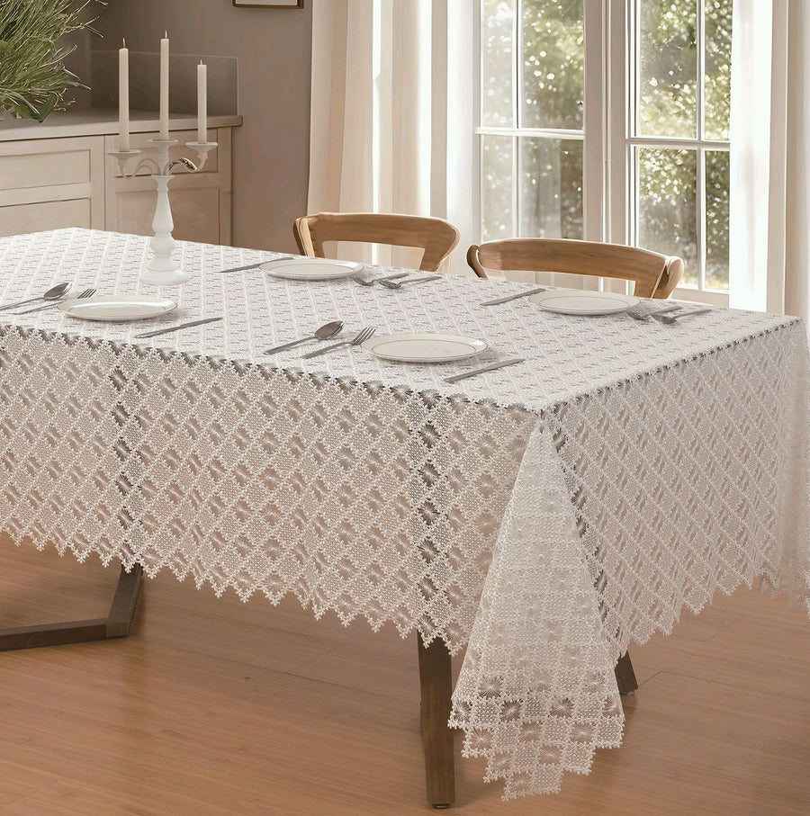 Violet Linen Seville Lace Tablecloth — White, Diamond Lattice with Scalloped Edge