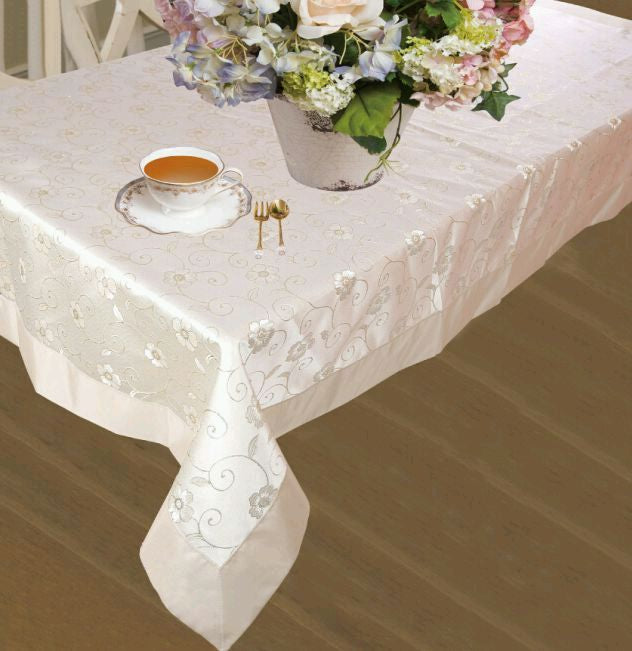 Violet Linen Sunflower Scroll Embroidered Tablecloth — Ivory or White