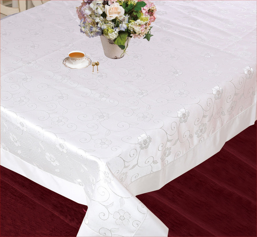 Violet Linen Sunflower Scroll Embroidered Tablecloth — Ivory or White
