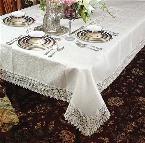 Violet Linen Treasure Damask Tablecloth with Crochet Lace Border — Ivory or White