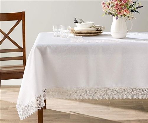 Violet Linen Treasure Damask Tablecloth with Crochet Lace Border — Cream or White (Larger Sizes)