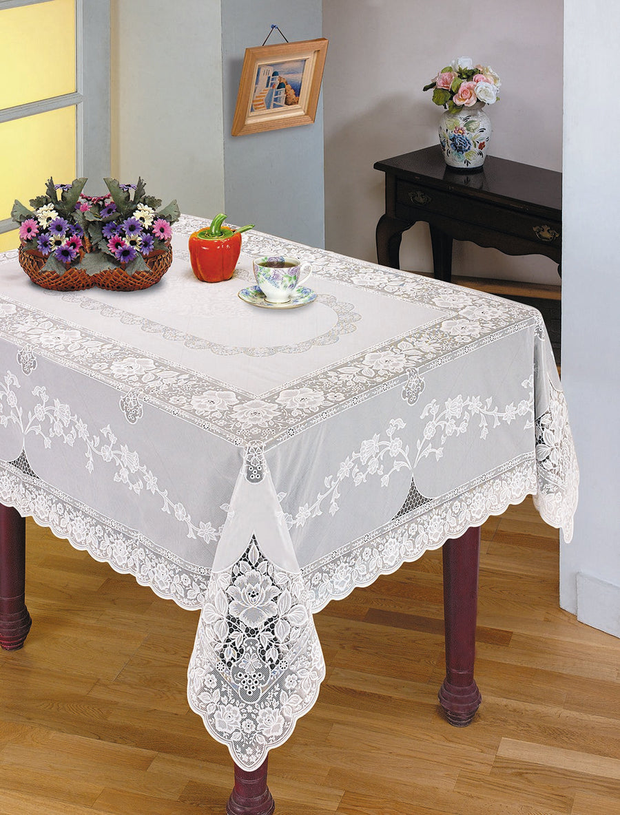 Violet Linen Vinyl Lace Tablecloth — Ivory or White, Wipe-Clean