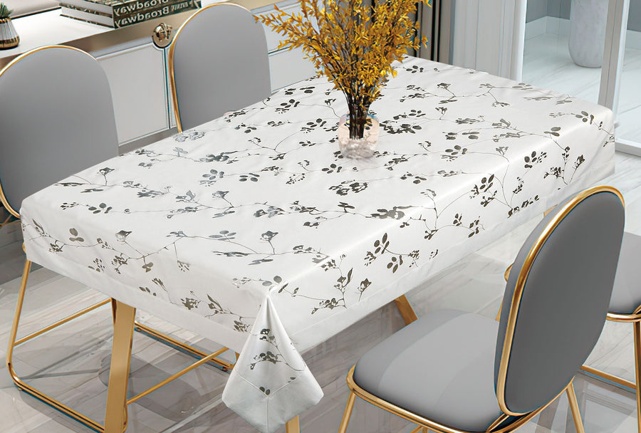 Violet Linen Lisbon Botanical Sprig Tablecloth — White & Grey