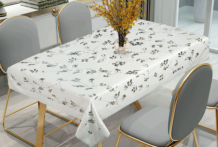 Violet Linen Lisbon Botanical Sprig Tablecloth — White & Grey