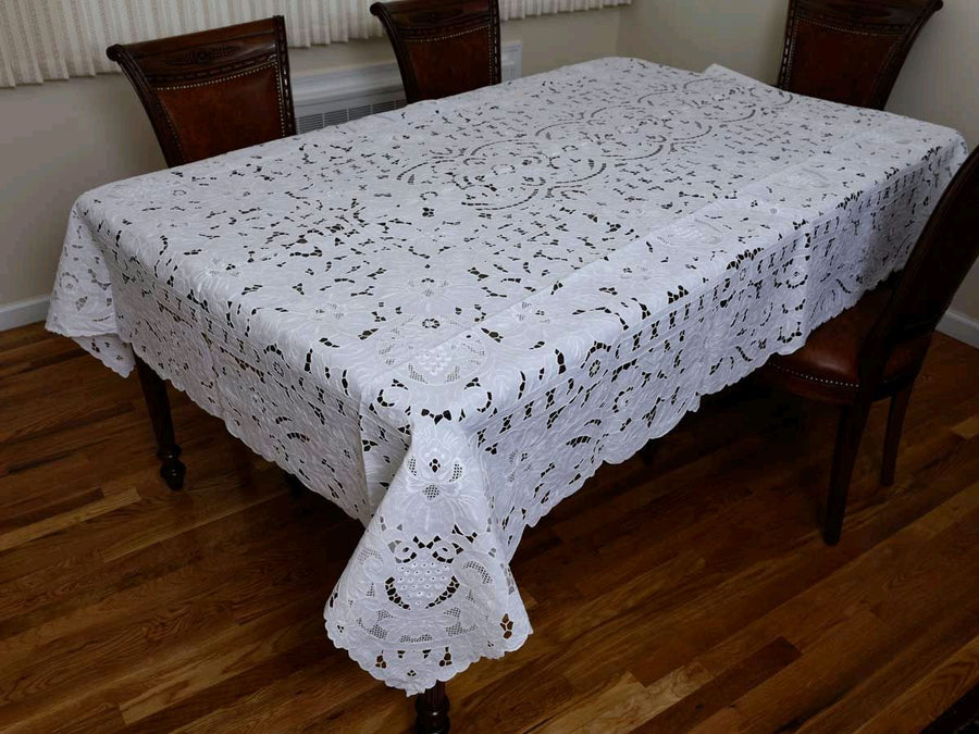 Violet Linen Hand-Embroidered Grape Cutwork Tablecloth — White, Banquet Sizes