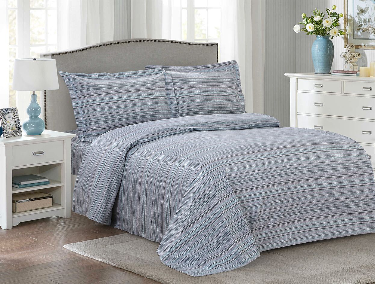 Grey cotton duvet set with fine multicolour horizontal striping and matching shams