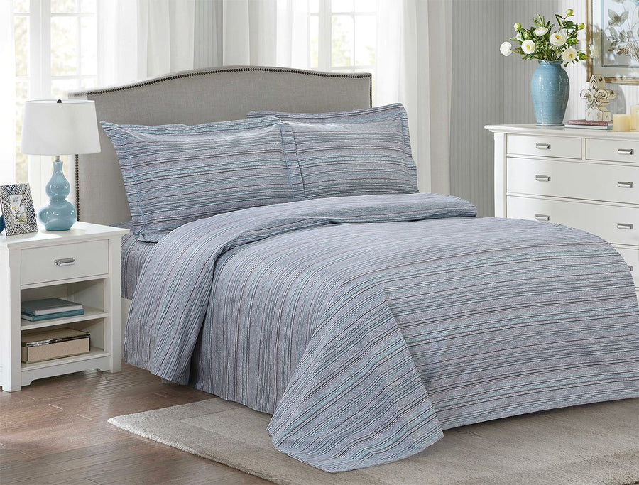 Grey cotton duvet set with fine multicolour horizontal striping and matching shams