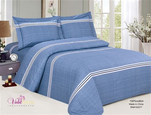 Chambray blue duvet set with white and navy stripe bands and two matching shams