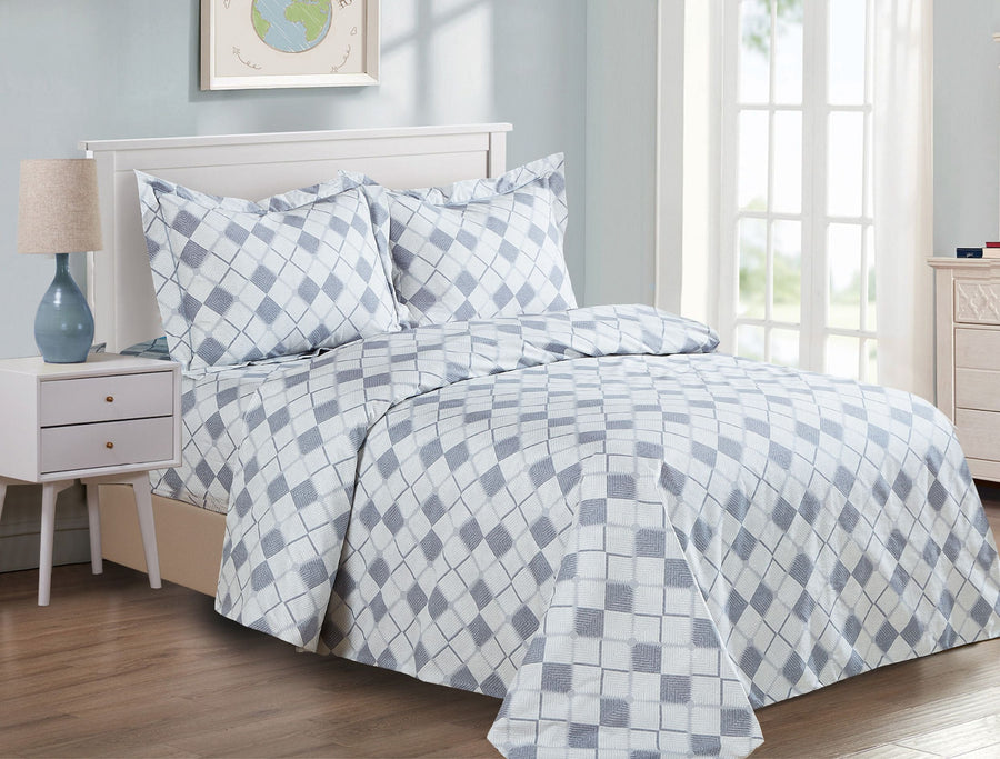 Violet Linen French Geometrical Duvet Set — Blue & White, 100% Cotton, 6 Piece