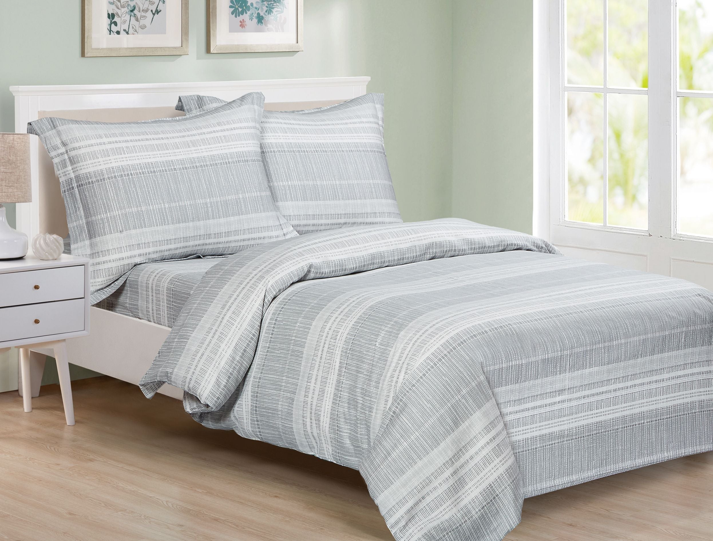 Grey cotton duvet set with a textured white-and-grey stripe and matching shams