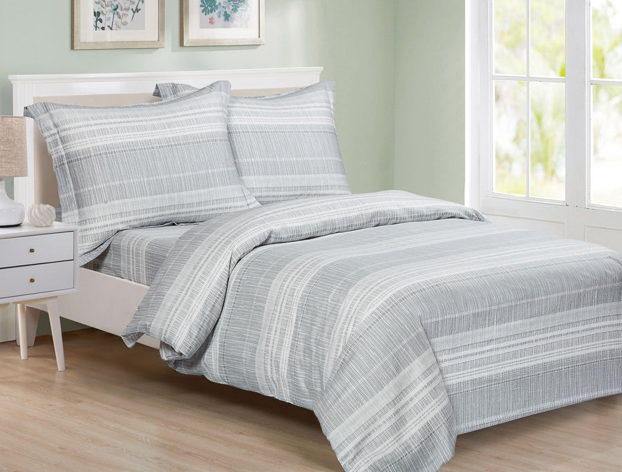 Grey cotton duvet set with a textured white-and-grey stripe and matching shams