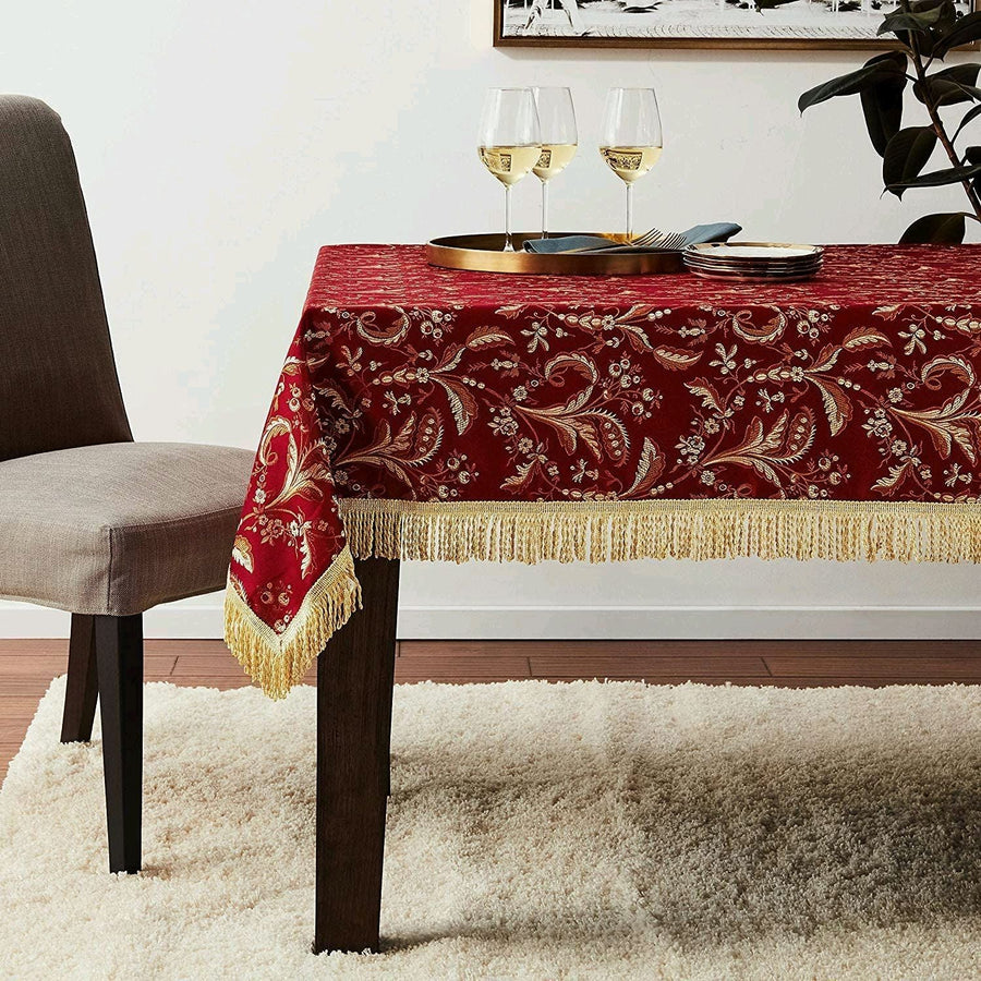 Violet Linen Luxury Jacobean Damask Tablecloth — Burgundy & Gold