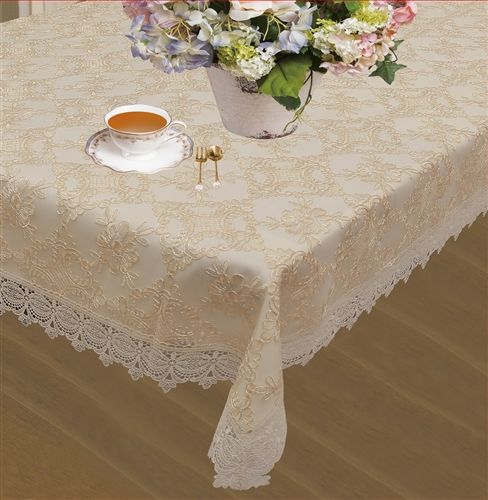 Violet Linen Botany Floral Lace Tablecloth — Ivory with Crochet Border