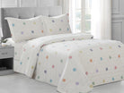Cream cotton duvet set with fine stripes and scattered pastel polka dots, matching shams