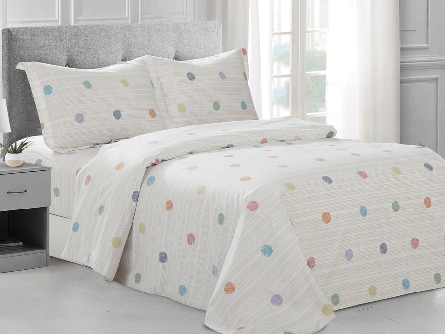 Cream cotton duvet set with fine stripes and scattered pastel polka dots, matching shams