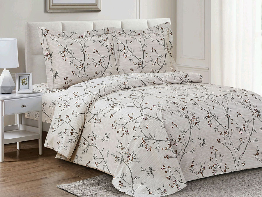 Violet Linen French Botanical Branch & Bird Duvet Set — 100% Cotton, 6 Piece