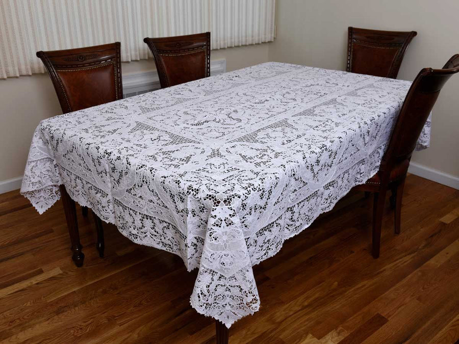Violet Linen Venice Lace Tablecloth — White Guipure, Banquet Sizes
