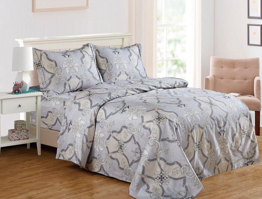 Violet Linen Monogram Baroque Scroll Cotton Duvet Set — Grey & Gold