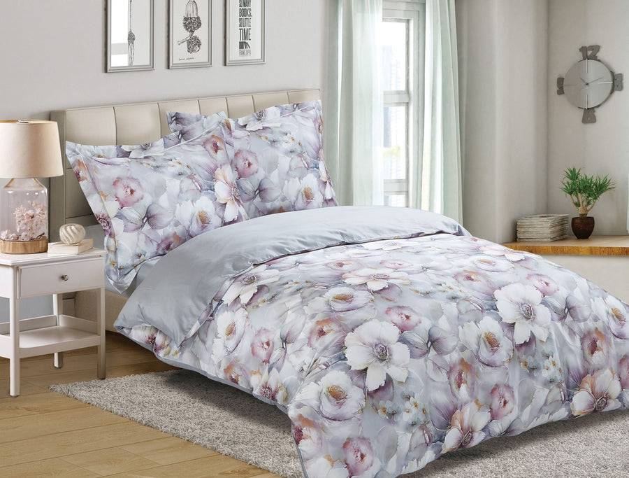 Grey cotton-sateen duvet set printed with large white and mauve watercolour blooms, matching shams