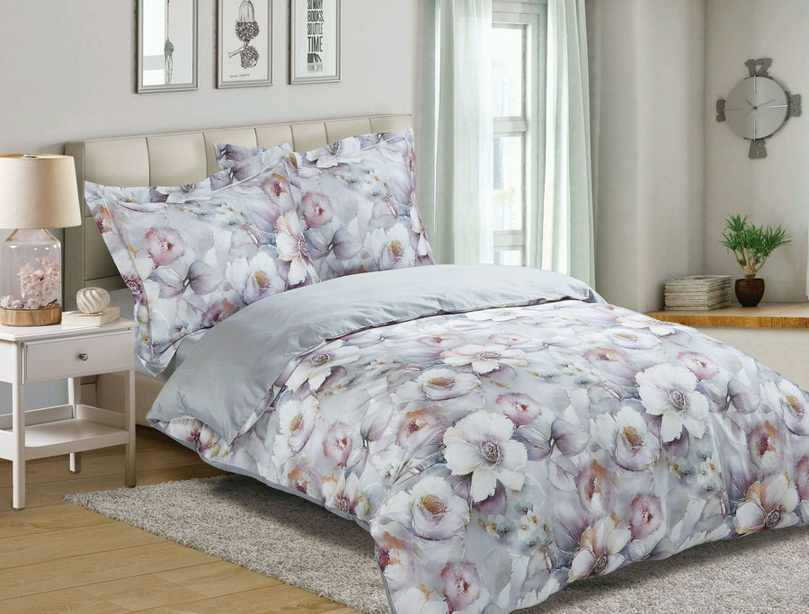 Violet Linen Raddison 8-Piece Cotton Sateen Duvet Set — Grey with Watercolour Blooms