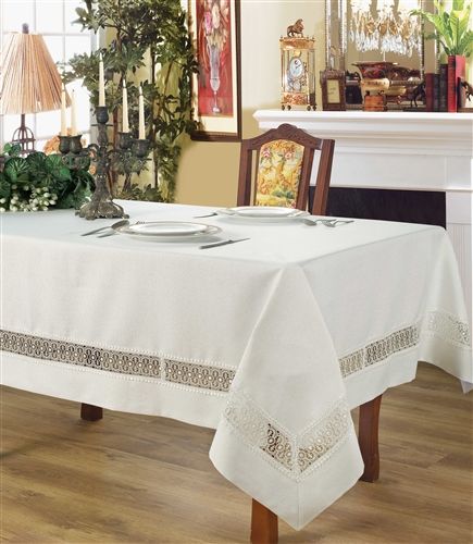 Violet Linen Splendour Lace-Insertion Fine Tablecloth — White