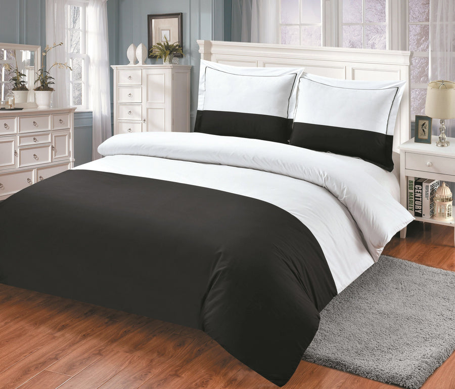 White and black colour-block hotel-style duvet set with matching banded shams