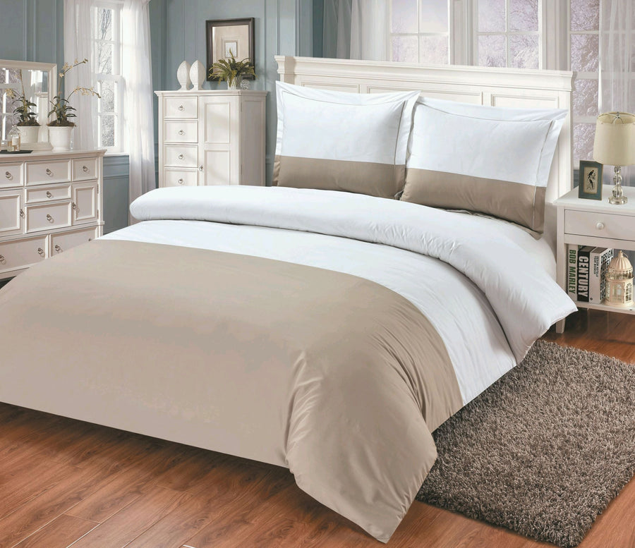 Violet Linen Hotel Collection 8-Piece Duvet Set — White & Taupe Colour-Block