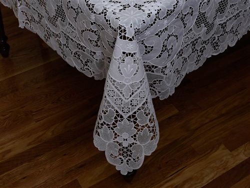 Violet Linen Venice Lace Tablecloth — White Guipure, Extra-Long Banquet Sizes