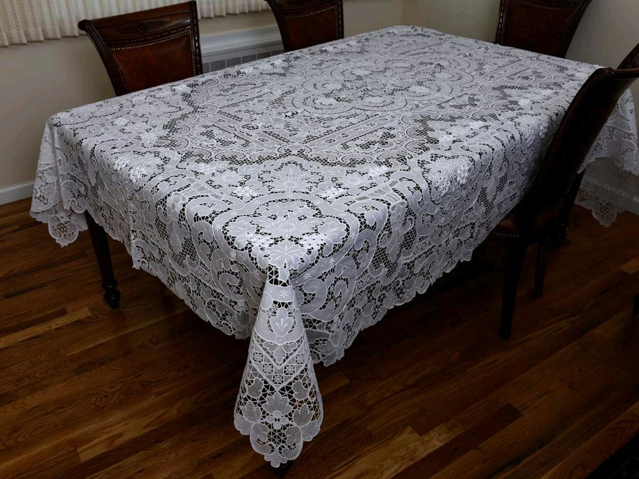 Violet Linen Venice Lace Tablecloth — White Guipure, Extra-Long Banquet Sizes