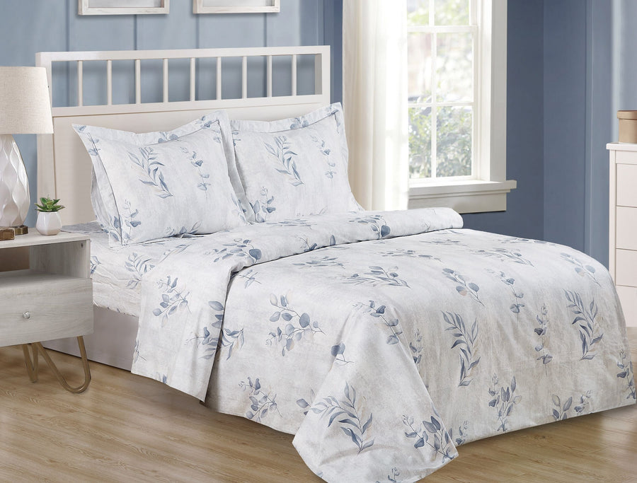 Violet Linen French Leaves 6-Piece Cotton Duvet Set — White with Blue-Grey Foliage