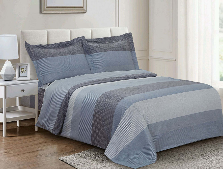 Violet Linen Teal Stripe Cotton Duvet Set — Blue & Grey Colour-Block