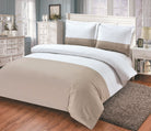 White cotton-sateen duvet set with a wide taupe band, hotel colour-block style, with matching shams