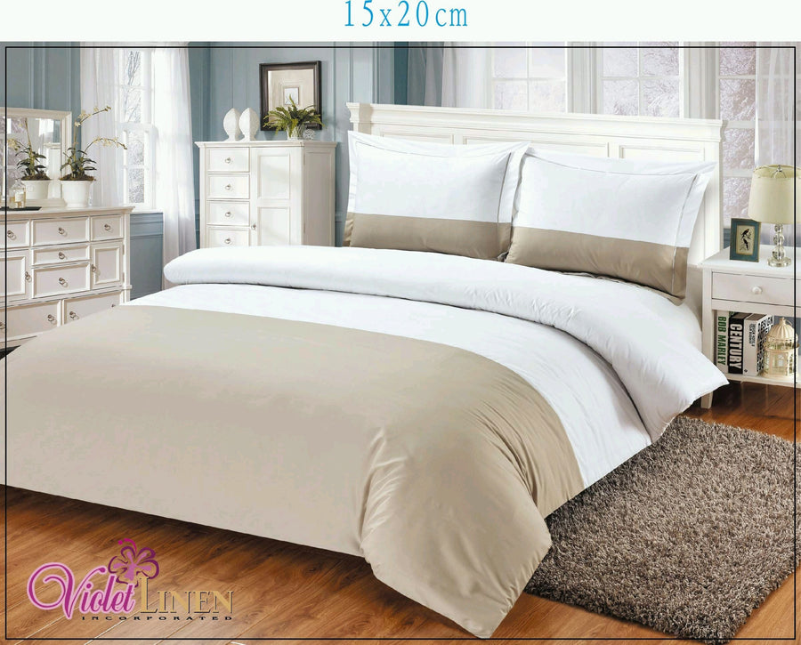 Violet Linen Sateen Hotel 8-Piece Cotton Sateen Duvet Set — White & Taupe Colour-Block