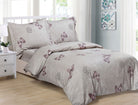 Taupe melange cotton duvet set with mauve butterflies and outlined roses, with matching shams