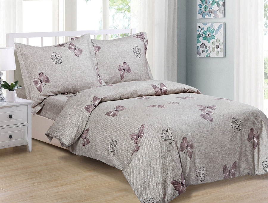 Taupe melange cotton duvet set with mauve butterflies and outlined roses, with matching shams