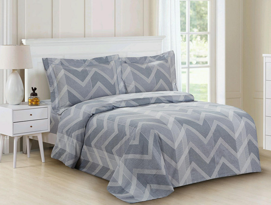 Violet Linen French Blue Waves Chevron Duvet Set — Grey-Blue & White, 100% Cotton, 6 Piece
