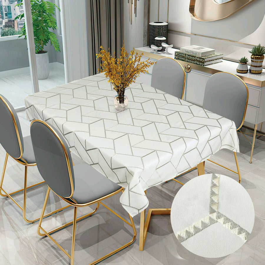 Violet Linen Swiss Geometric Embroidered Tablecloth — White, Banquet Length