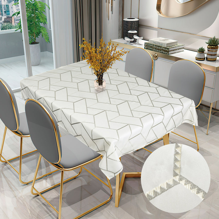 Violet Linen Swiss Geometric Embroidered Tablecloth — White, Banquet Length
