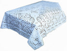 White filet lace tablecloth in a dense geometric grid pattern with a picot scalloped edge