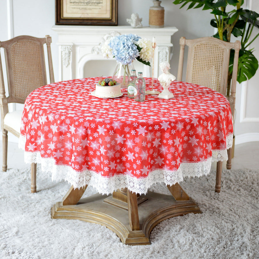 Violet Linen Snowflake Christmas Tablecloth — Red with White Lace Trim