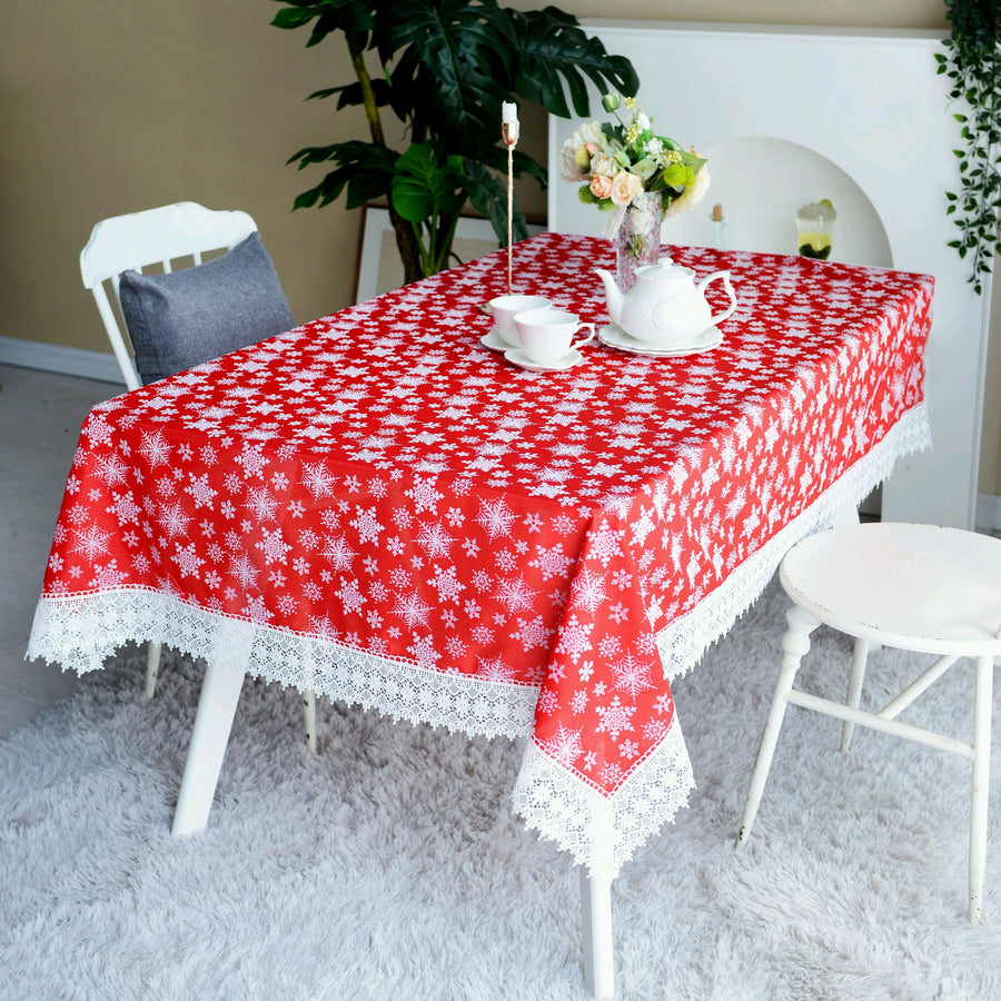 Violet Linen Snowflake Christmas Tablecloth — Red with White Lace Trim