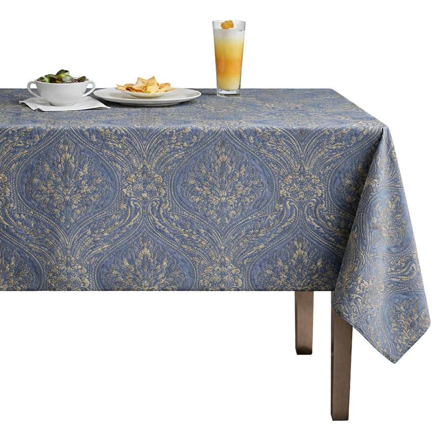 Treasure Jacquard Quilted Look Tablecloth – Navy/Gold