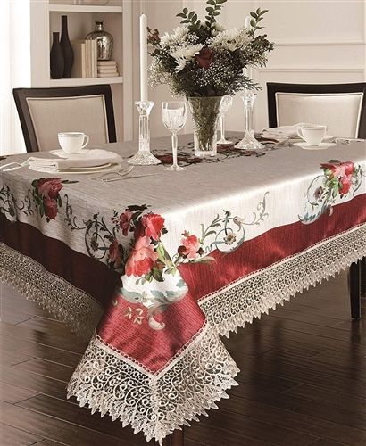 Violet Linen Ascott Rose Tablecloth — Burgundy & Ivory with Lace Border