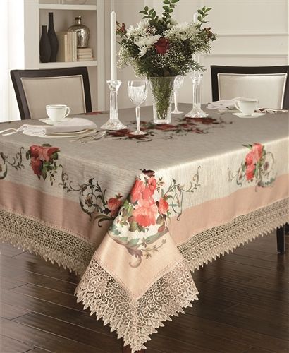 Violet Linen Ascott Rose Tablecloth — Burgundy & Ivory with Lace Border