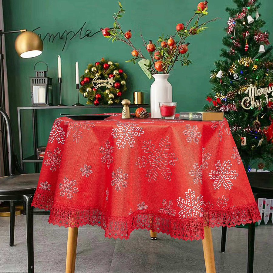 Violet Linen Snowflake Christmas Tablecloth — Red with Silver Flakes