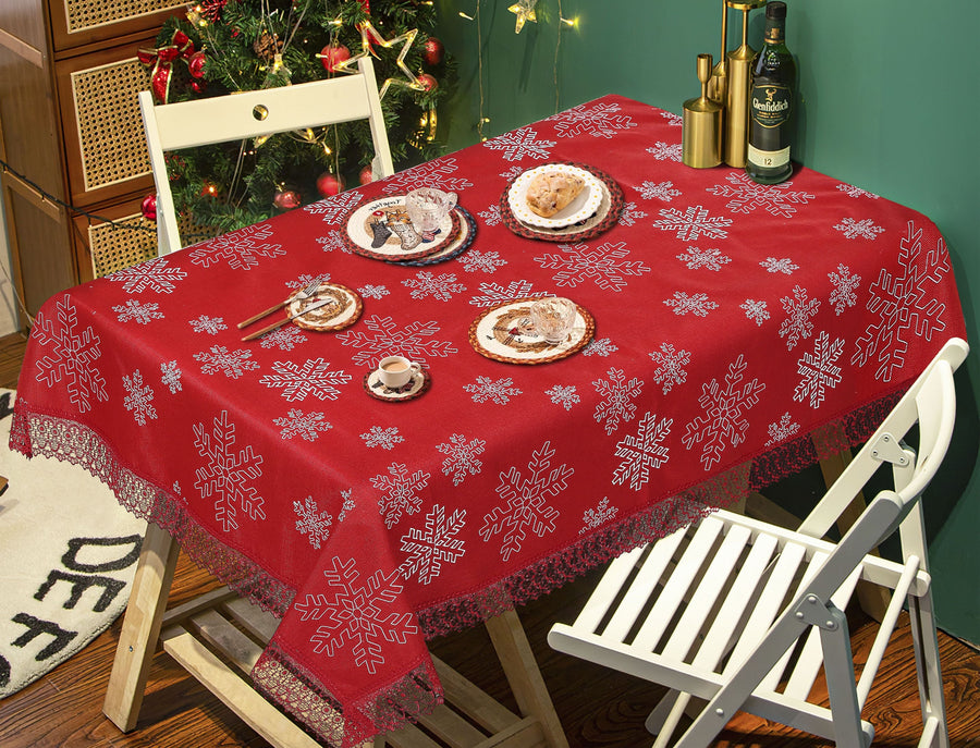 Violet Linen Snowflake Christmas Tablecloth — Red with Silver Flakes