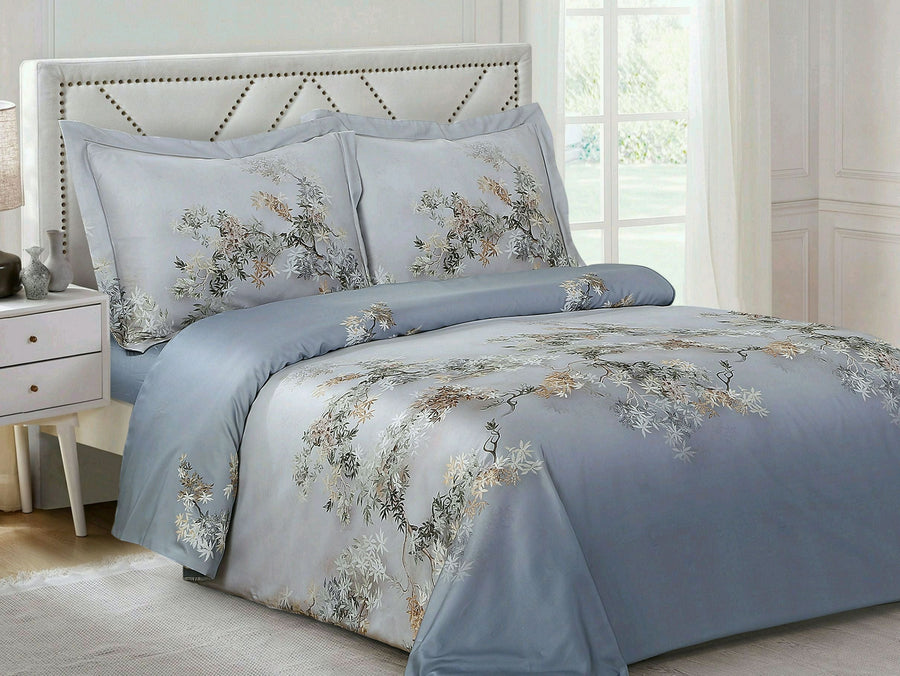 Violet Linen French Arts Branch-Print Duvet Set — Blue-Grey, 300T Cotton Sateen